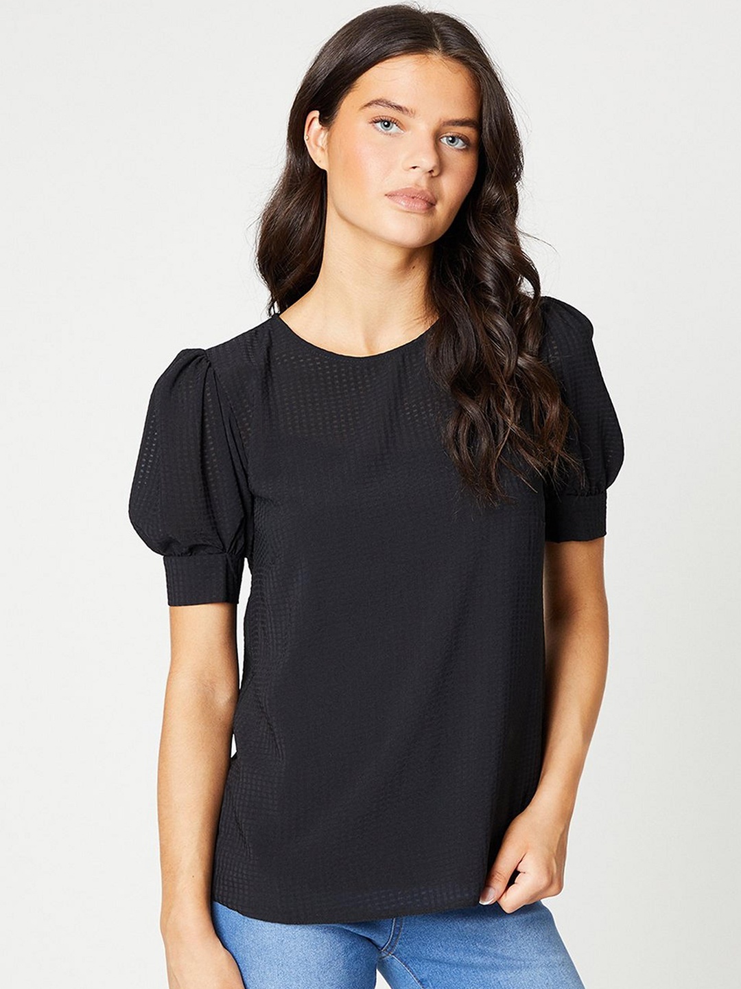 

DOROTHY PERKINS Self Checked Puff Sleeve Top, Black