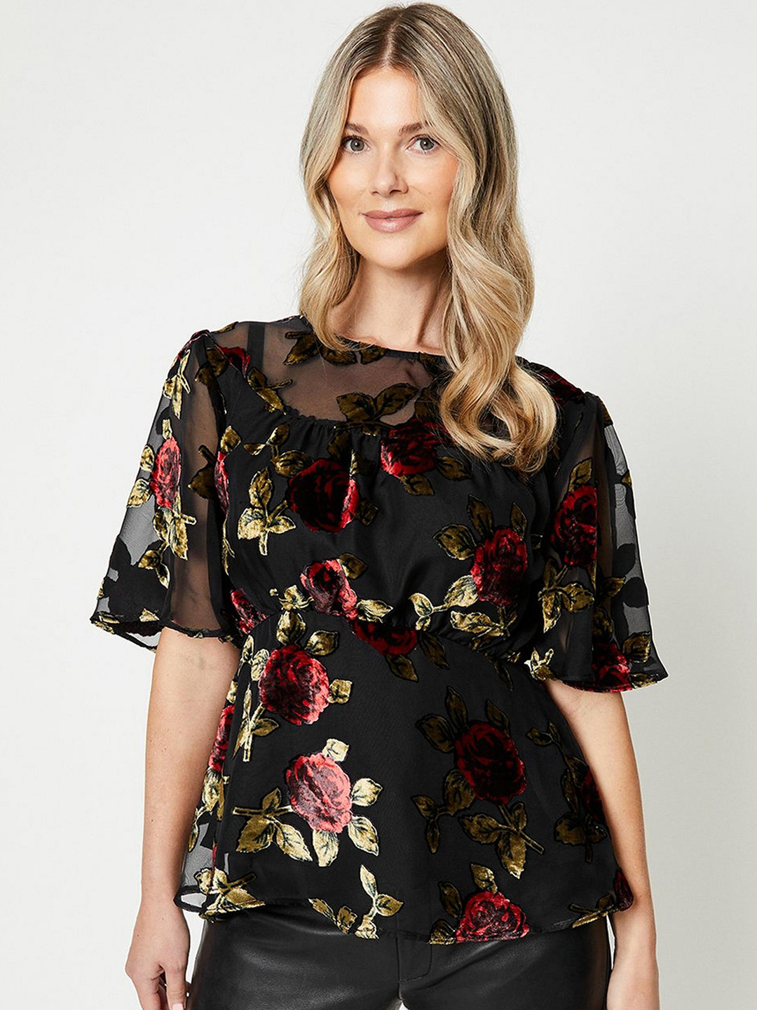 

DOROTHY PERKINS Velvet Finish Floral Cinched Waist Top, Black