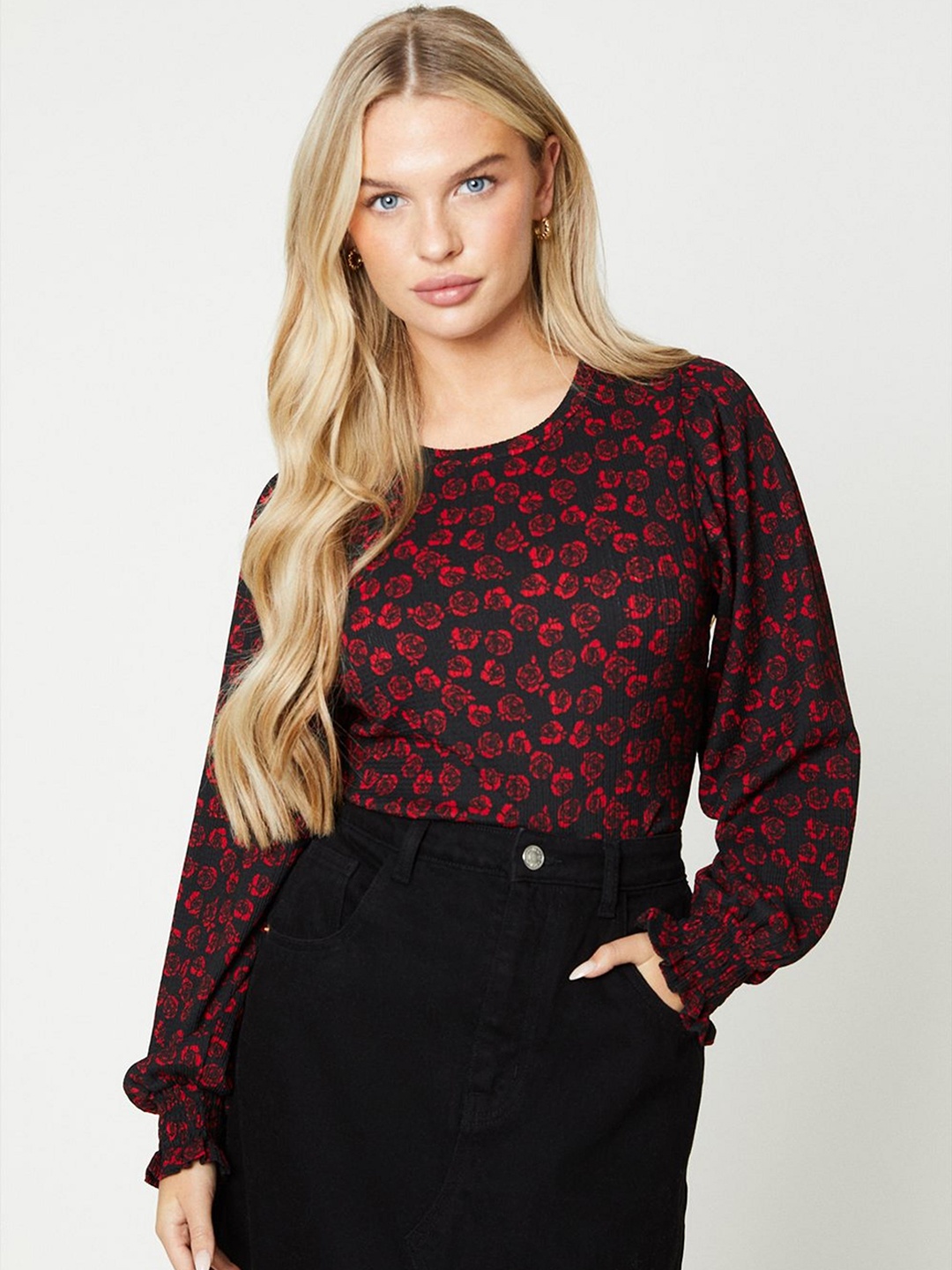 

DOROTHY PERKINS Petite Textured Floral Print Puff Sleeve Top, Black