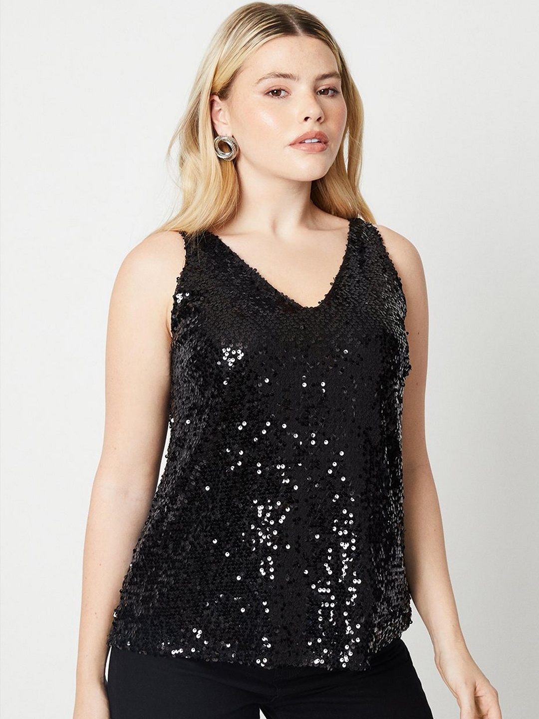 

DOROTHY PERKINS Sequined V-Neck Top, Black