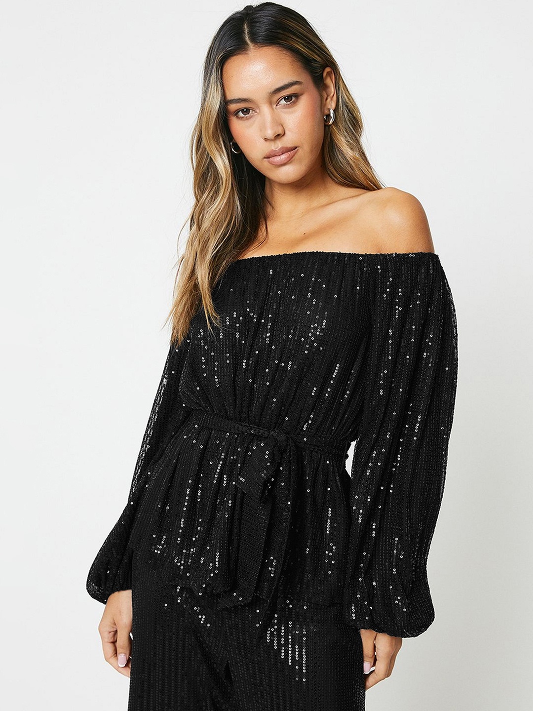

DOROTHY PERKINS Sequined Bardot Top with Belt, Black