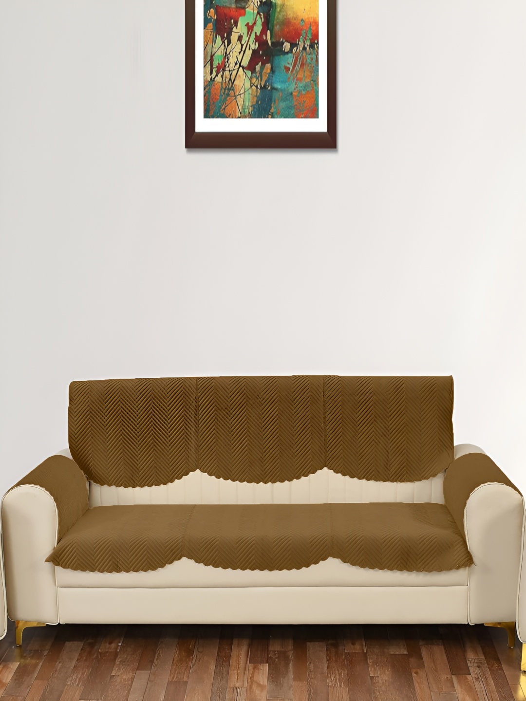 

Sparrow world Brown 4 Pieces Quilted Velvet Seater Sofa Covers With Arms