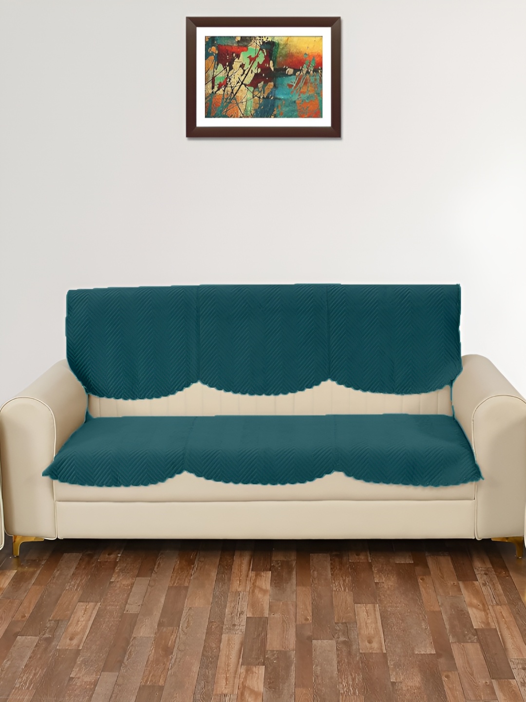 

Sparrow world 6 Pcs Teal Green Quilted 3 Seater Velvet Sofa Cover