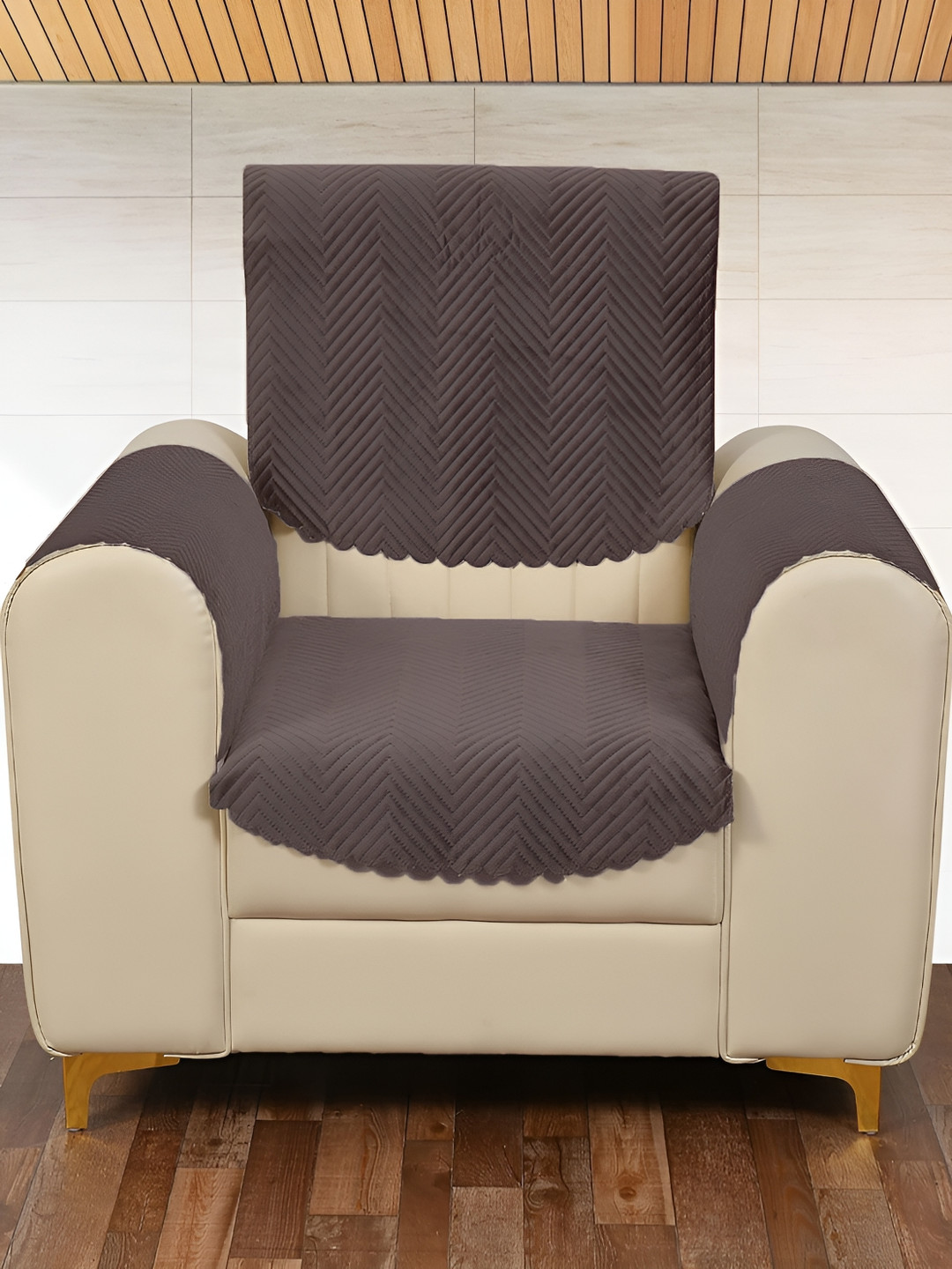 

Sparrow world Coffee Brown 4 Pieces Quilted Velvet 1 Seater Sofa Covers With Arms