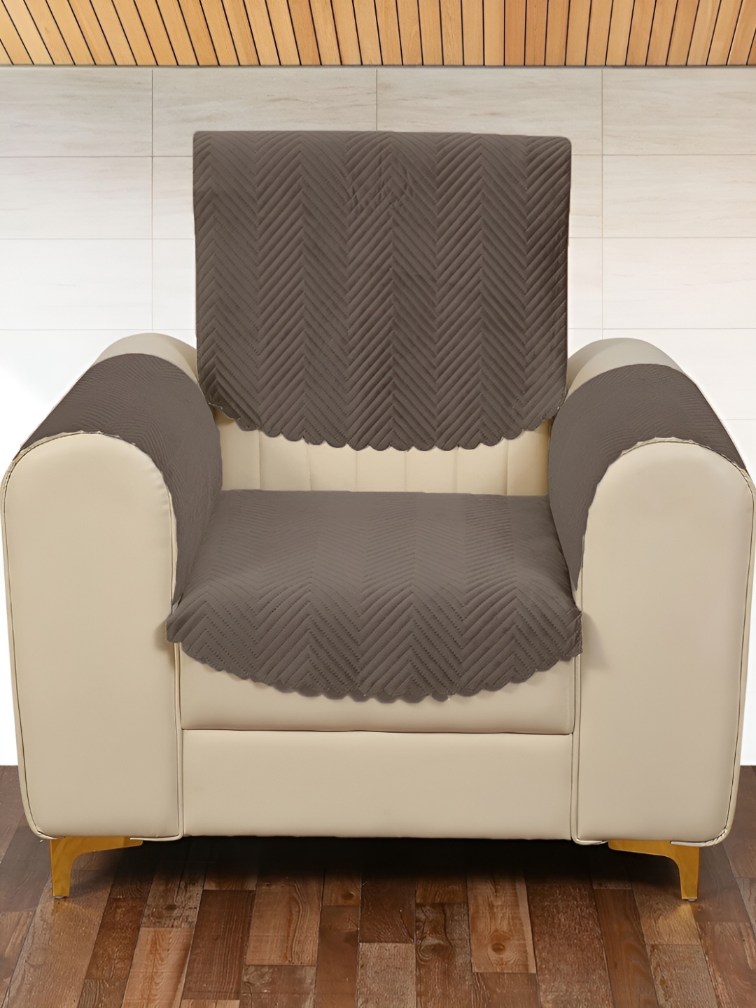 

Sparrow world Brown 4 Pieces Quilted Velvet 1 Seater Sofa Covers With Arms