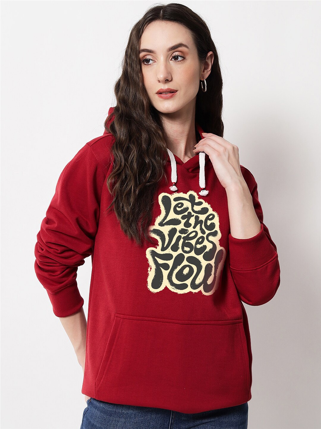 

FFLIRTYGO Typography Printed Hooded Fleece Pullover, Red