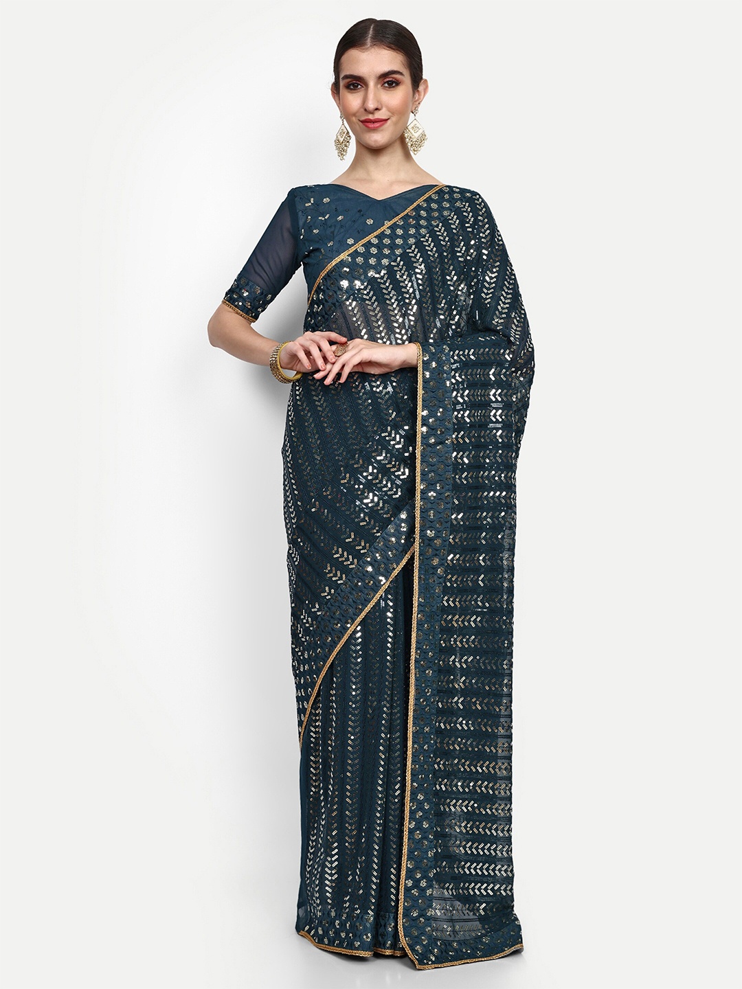 

Civamee Embellished Sequinned Georgette Saree, Teal