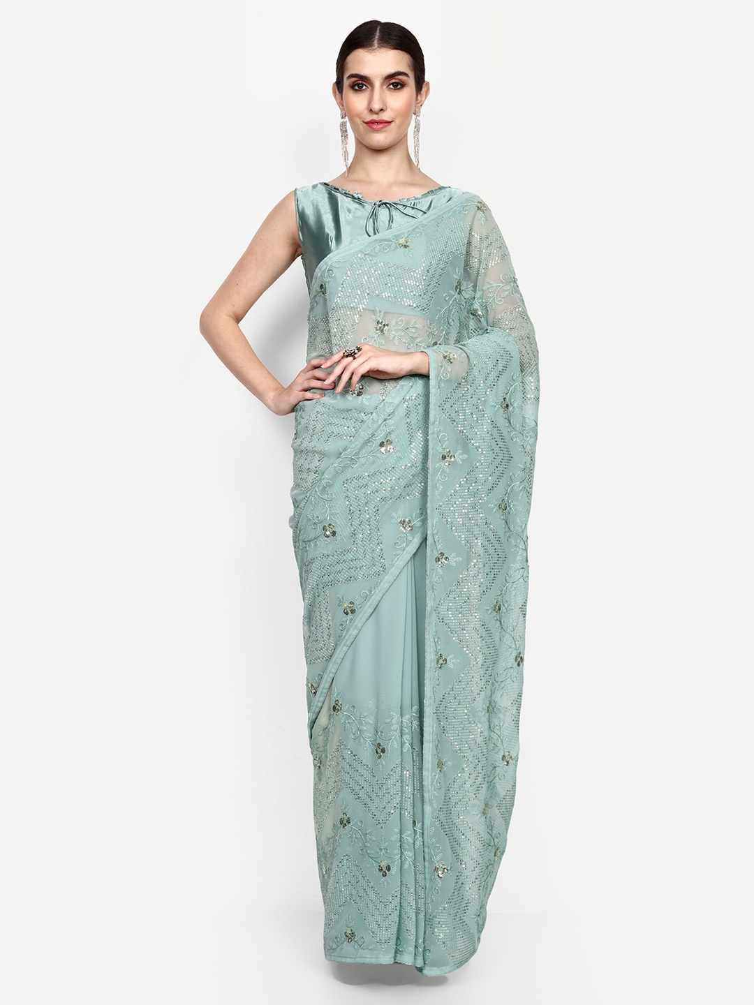 

Civamee Embellished Sequinned Georgette Saree, Turquoise blue