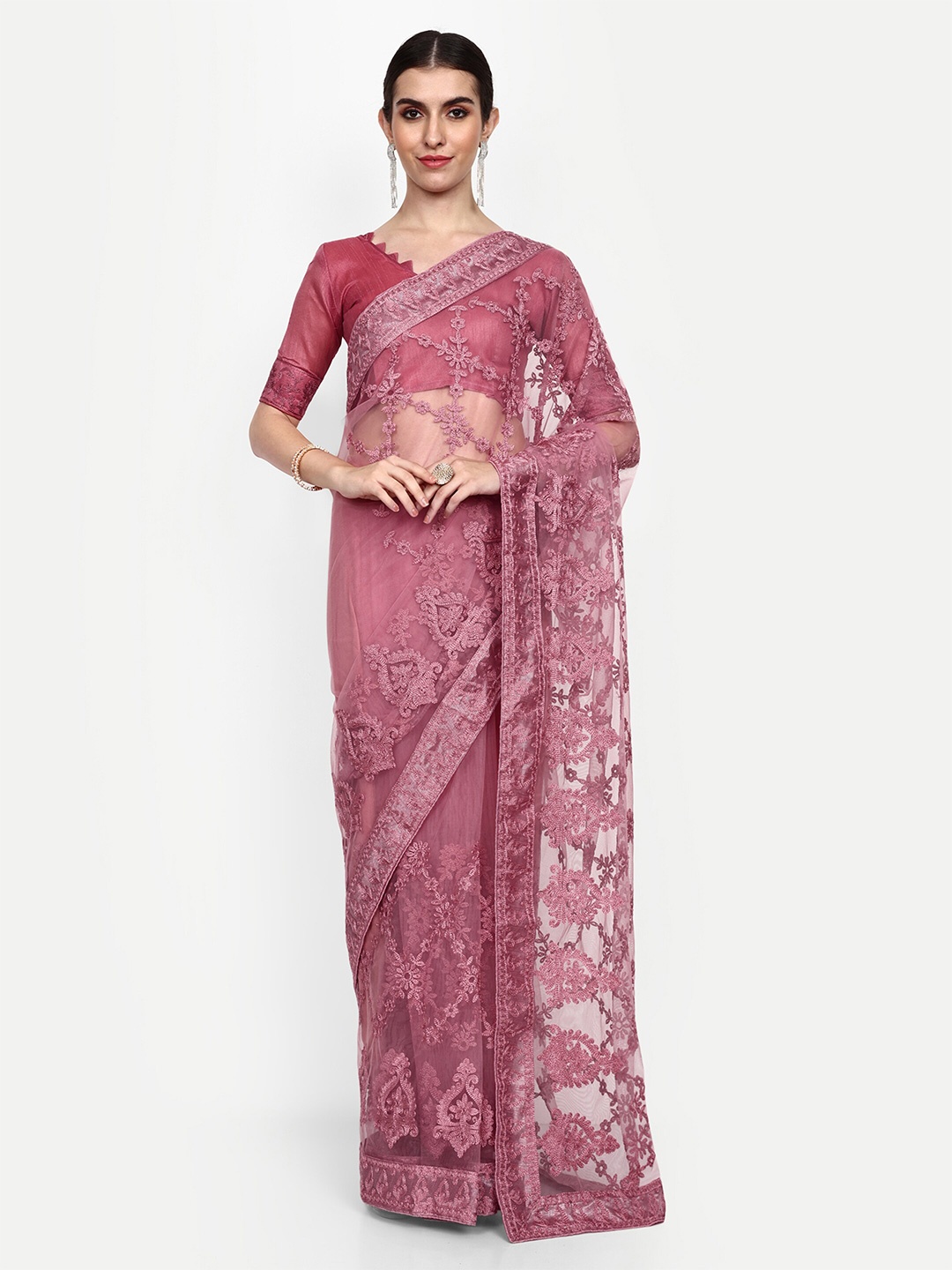 

Civamee Floral Embroidered Net Saree, Mauve