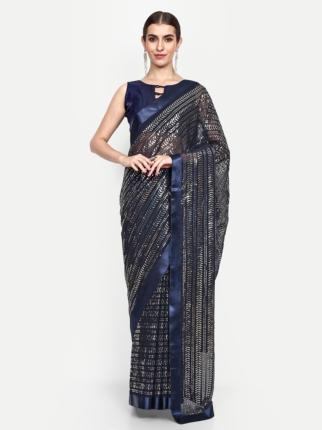 

Civamee Embellished Sequinned Georgette Saree, Navy blue