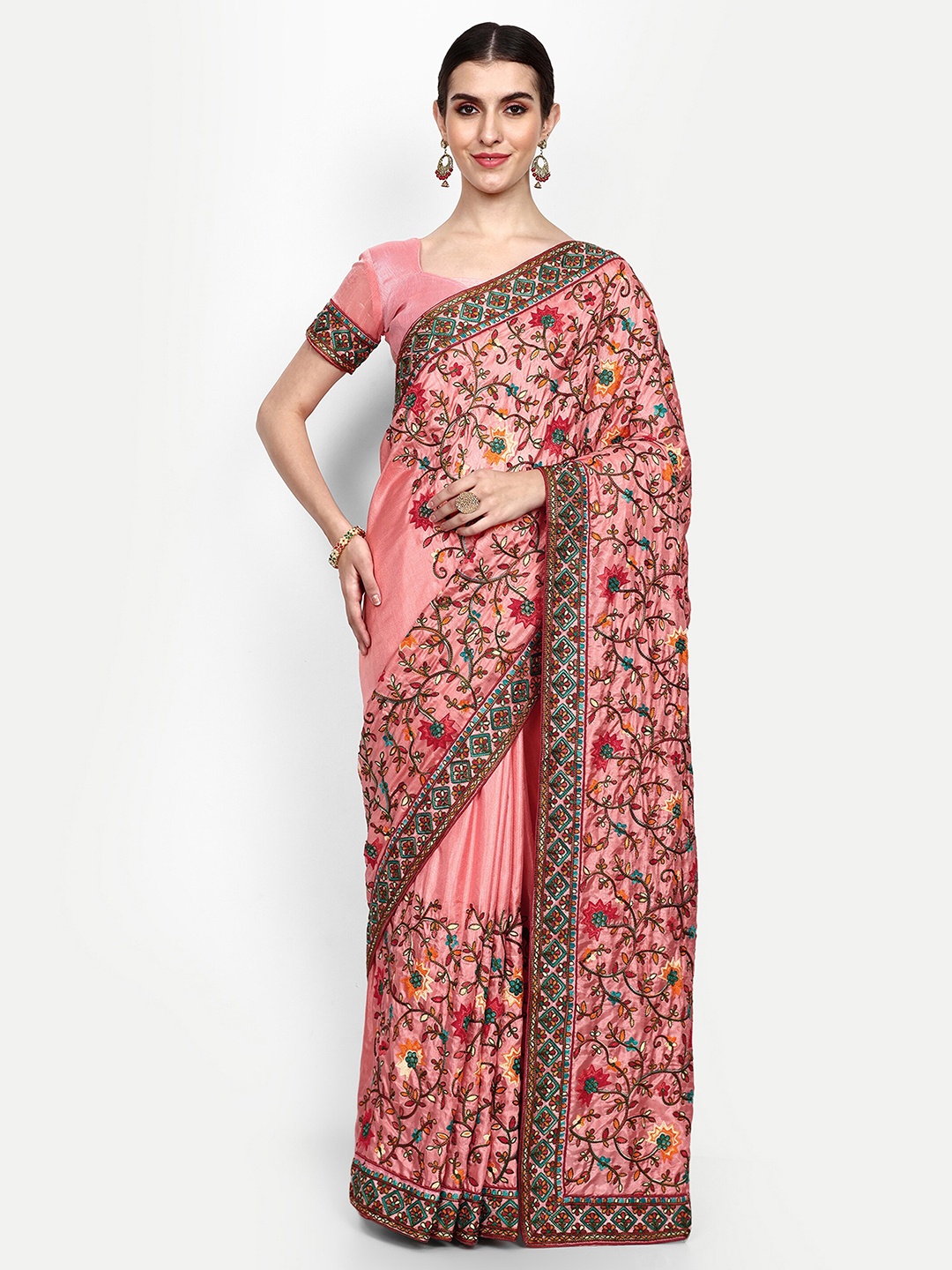 

Civamee Floral Embroidered Saree, Peach