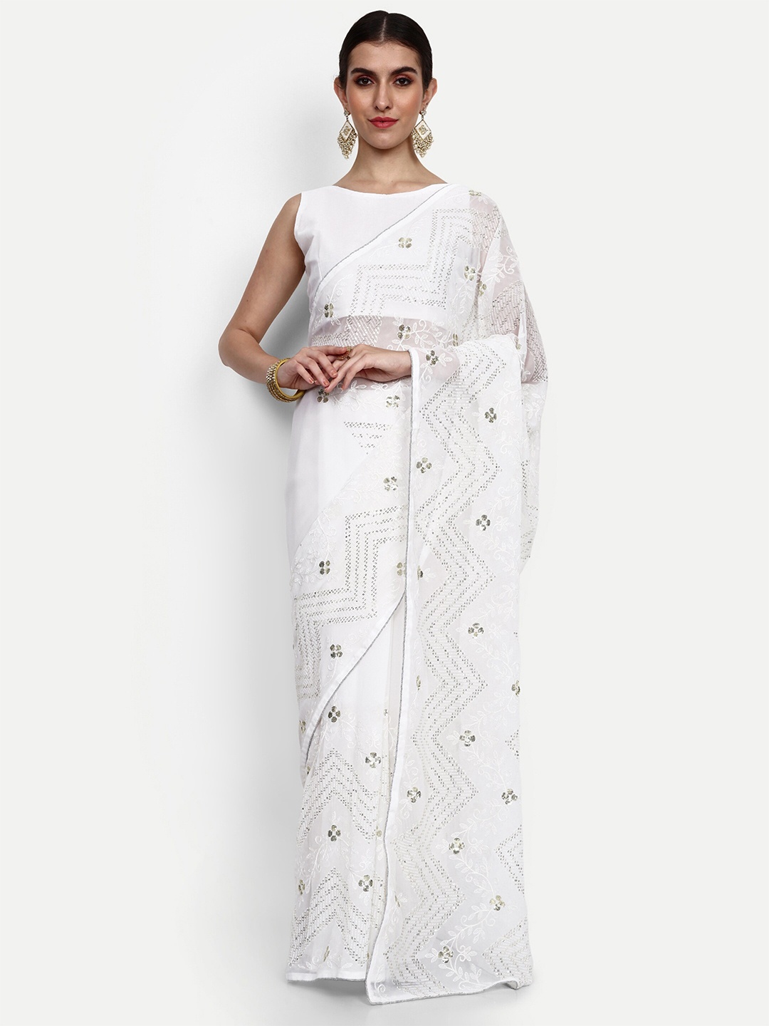 

Civamee Embellished Sequinned Georgette Saree, White