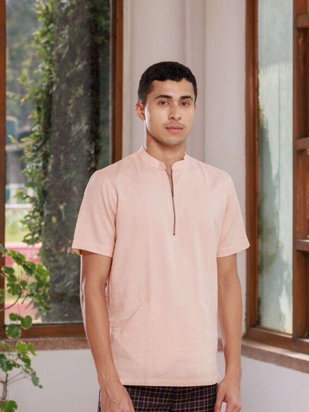 

Wellbi Comfort Mandarin Collar Pure Cotton Casual Shirt, Peach