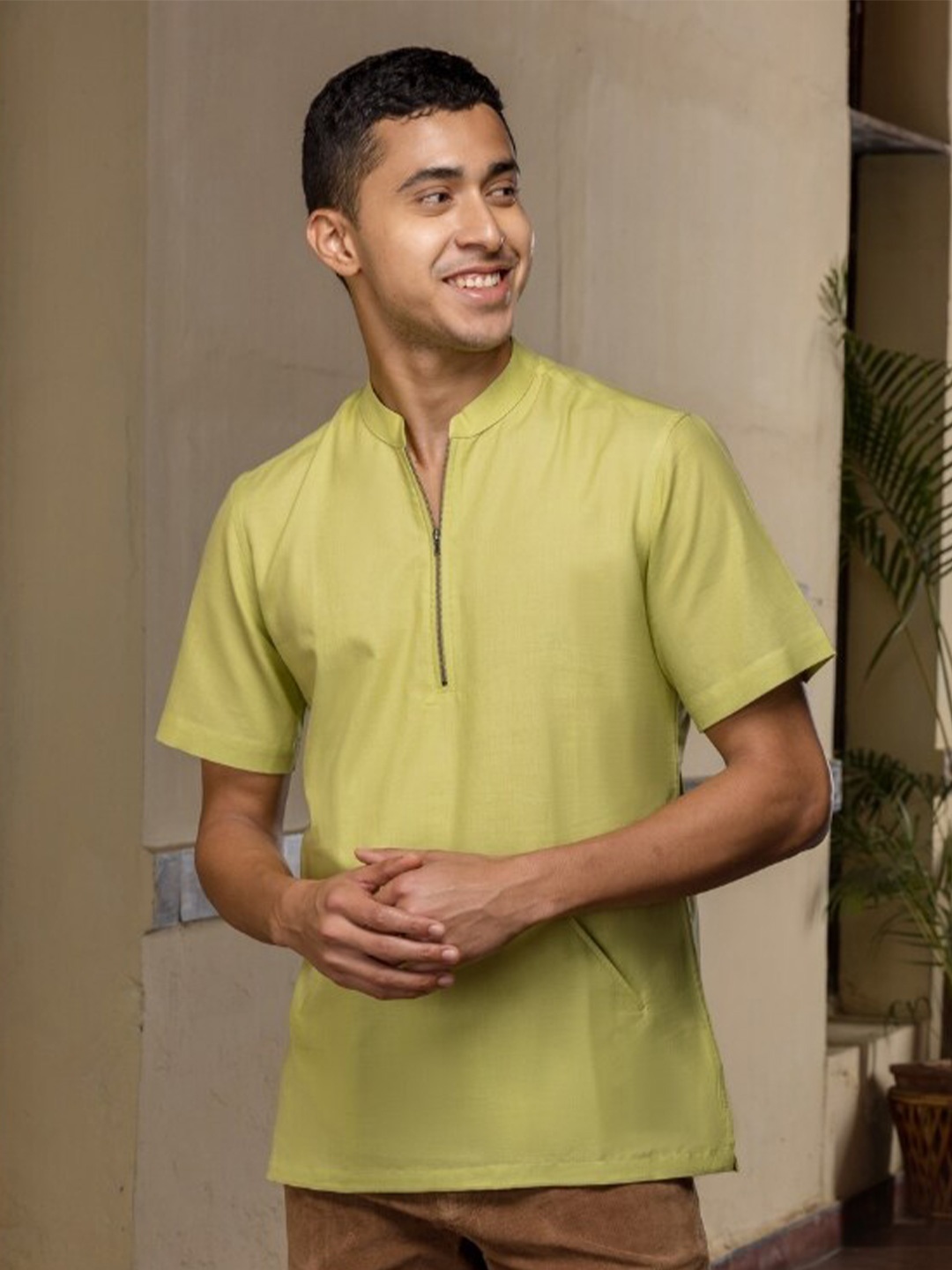 

Wellbi Comfort Mandarin Collar Pure Cotton Casual Shirt, Lime green