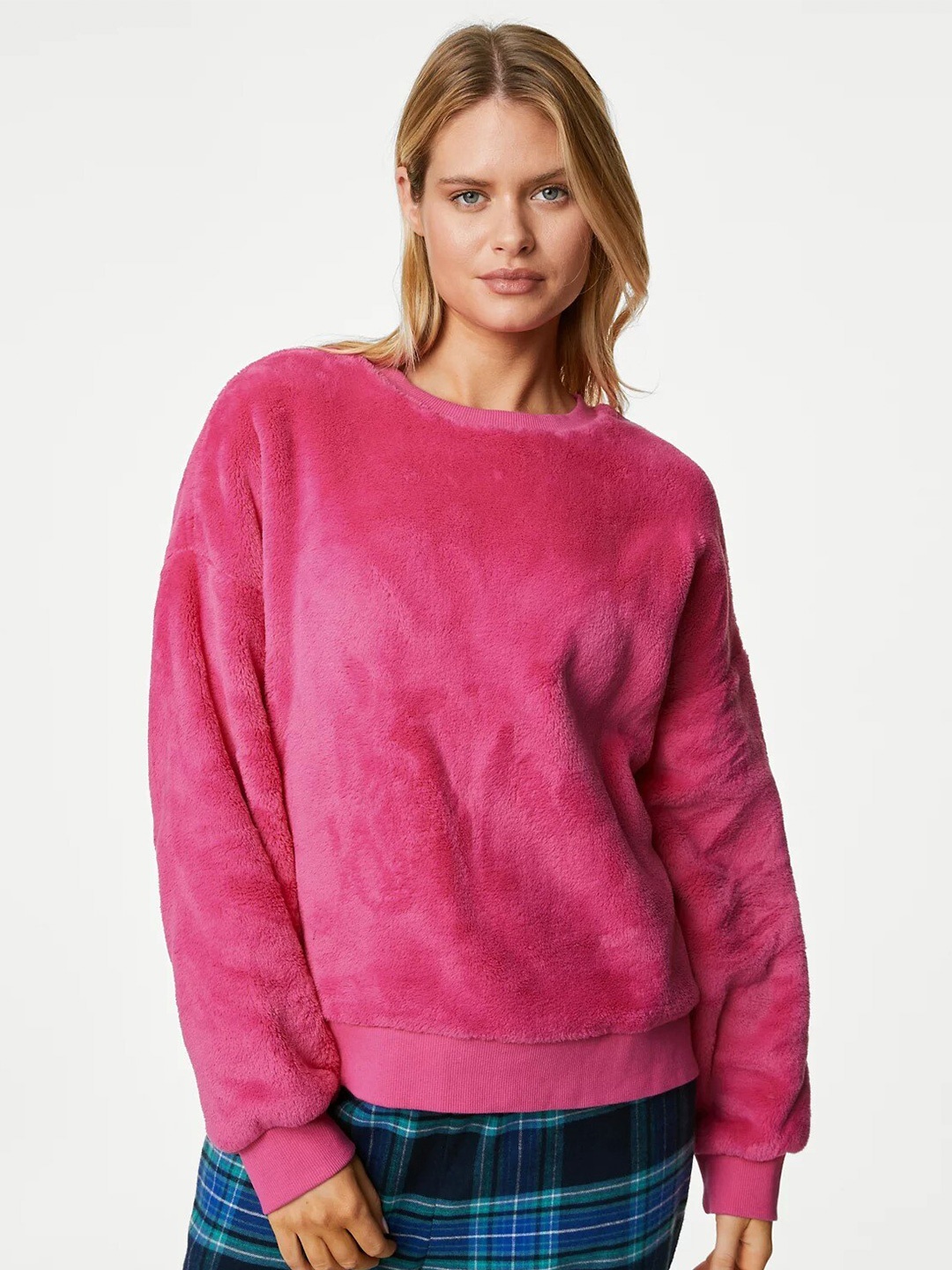 

Marks & Spencer Fur Detail Round Neck Pullover Sweatshirt, Fuchsia