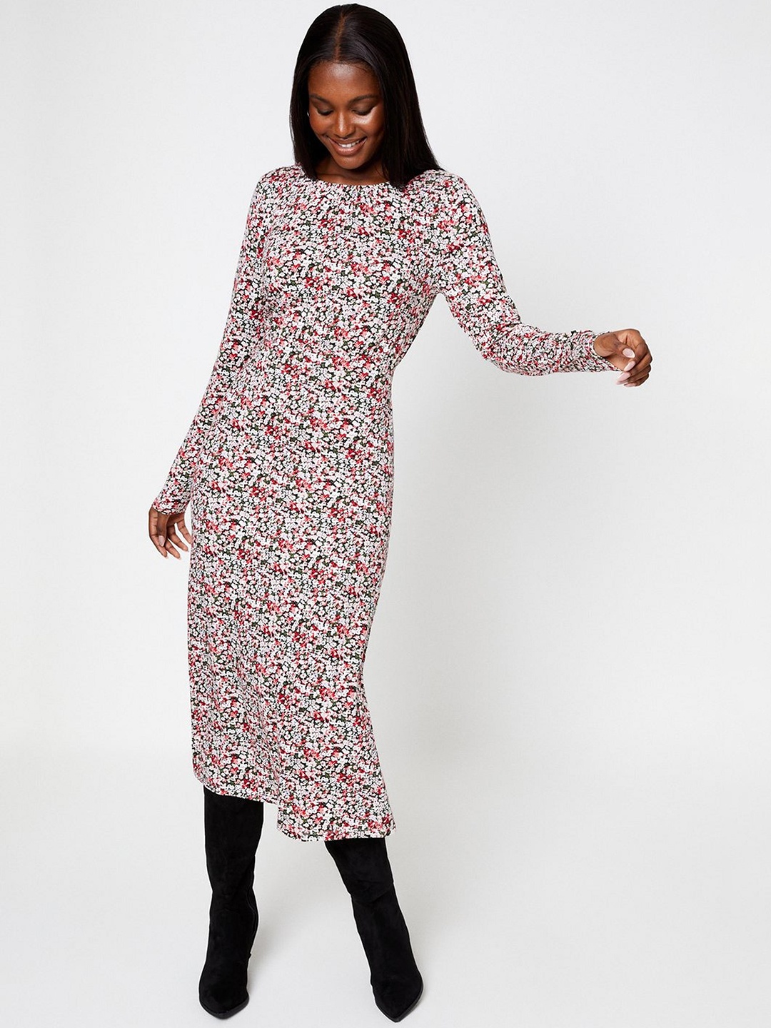 

DOROTHY PERKINS Ditsy Print Gathered Neck Sheath Midi Dress, White