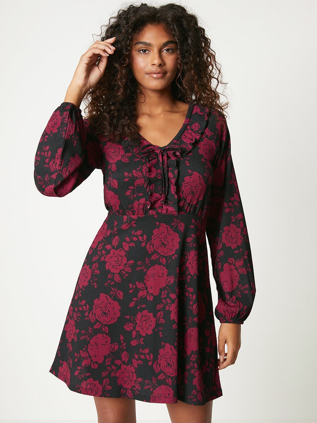 

DOROTHY PERKINS Floral Print Puff Sleeve Mini Dress, Black