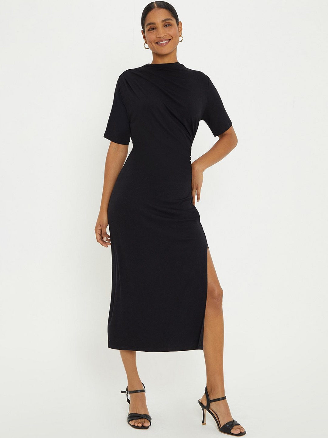 

DOROTHY PERKINS Ruched Short Sleeves Side Slit Midi Dress, Black