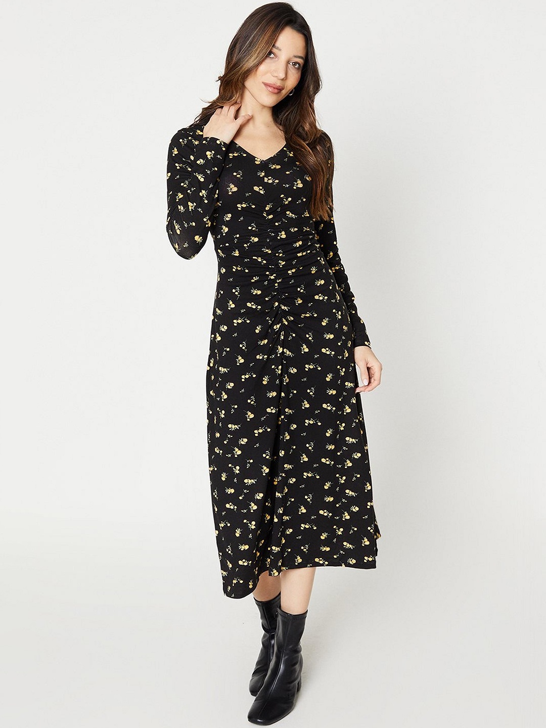 

DOROTHY PERKINS Petite Floral Print A-Line Midi Dress, Black