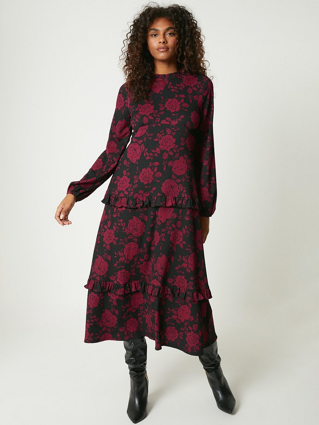 

DOROTHY PERKINS Floral Print Tiered A-Line Midi Dress, Black