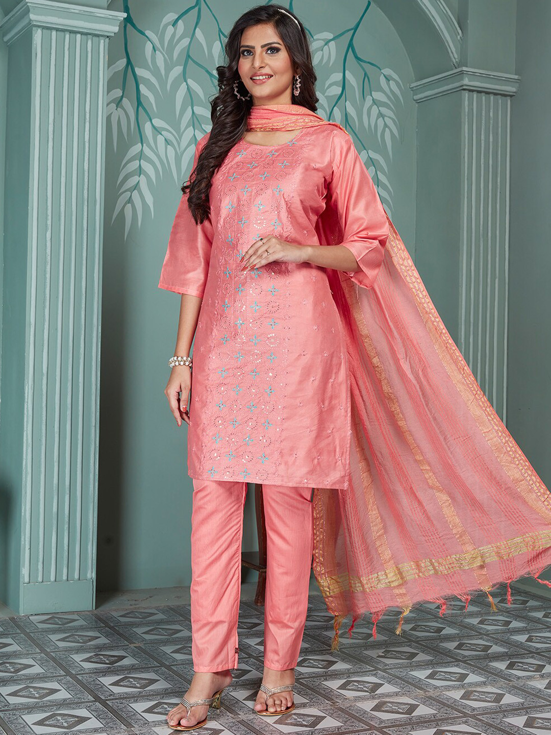 

KALINI Geometric Embroidered Sequinned Detailed Straight Kurta & Trouser With Dupatta, Pink