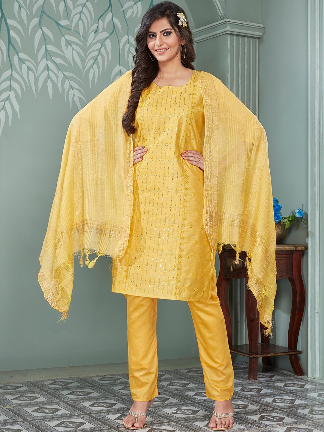 

KALINI Floral Sequinned Embroidered Kurta With Trouser & Dupatta, Yellow
