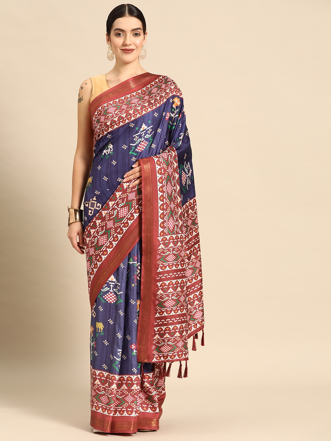 

Silk Land Floral Zari Silk Blend Patola Saree, Navy blue