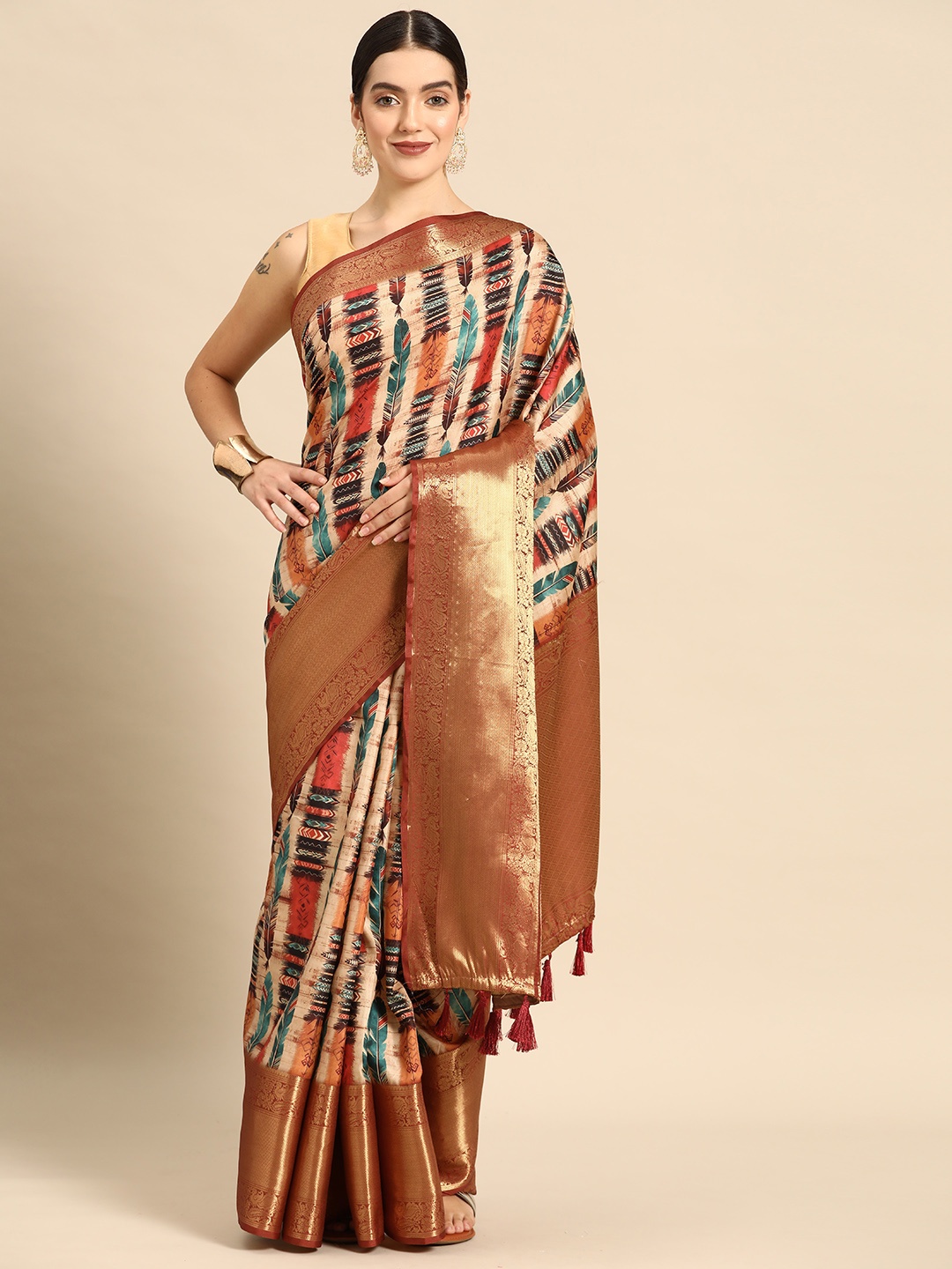 

Silk Land Zari Art Silk Kanjeevaram Saree, Beige