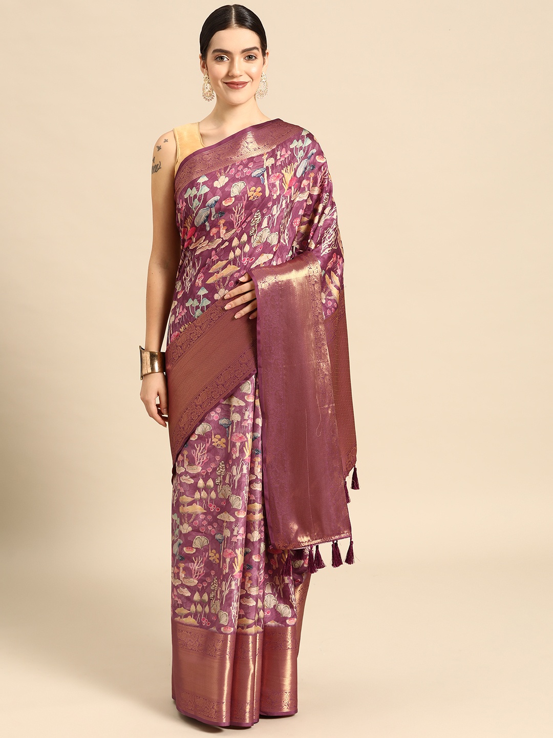 

Silk Land Floral Zari Art Silk Kanjeevaram Saree, Purple