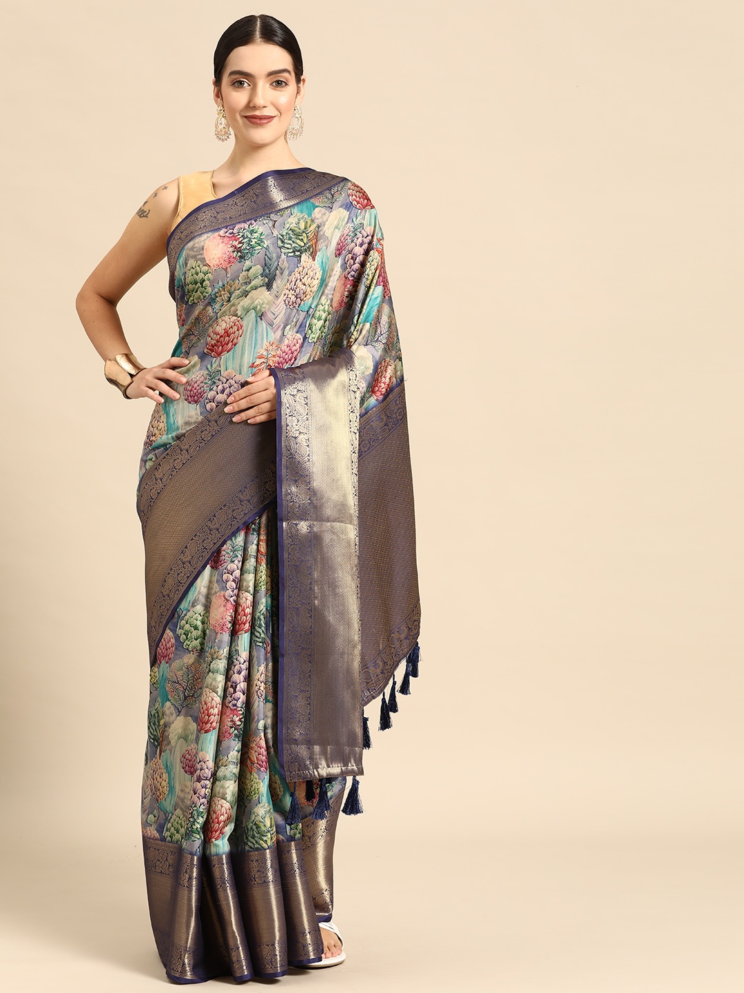 

Silk Land Floral Art Silk Kanjeewaram Zari Digital Print Saree, Turquoise blue
