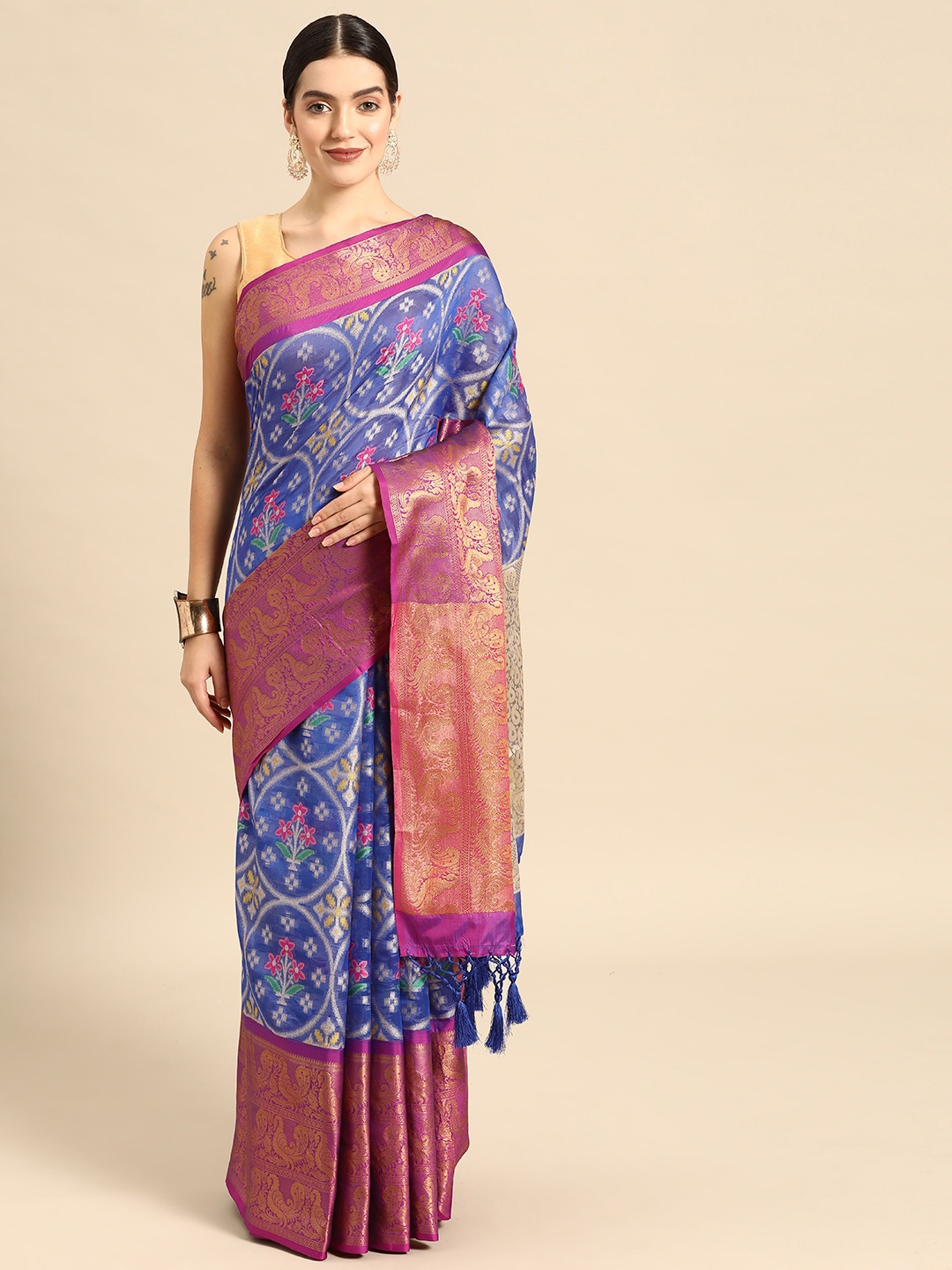 

Silk Land Floral Zari Art Silk Pochampally Saree, Blue