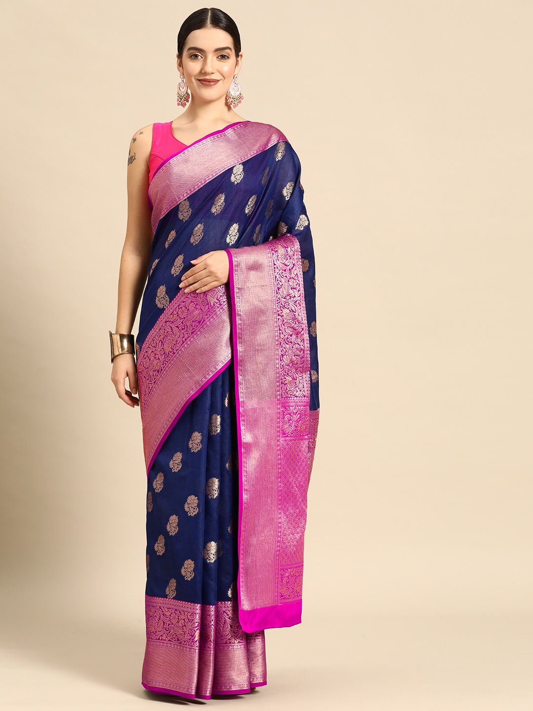 

Silk Land Floral Zari Art Silk Banarasi Saree, Navy blue