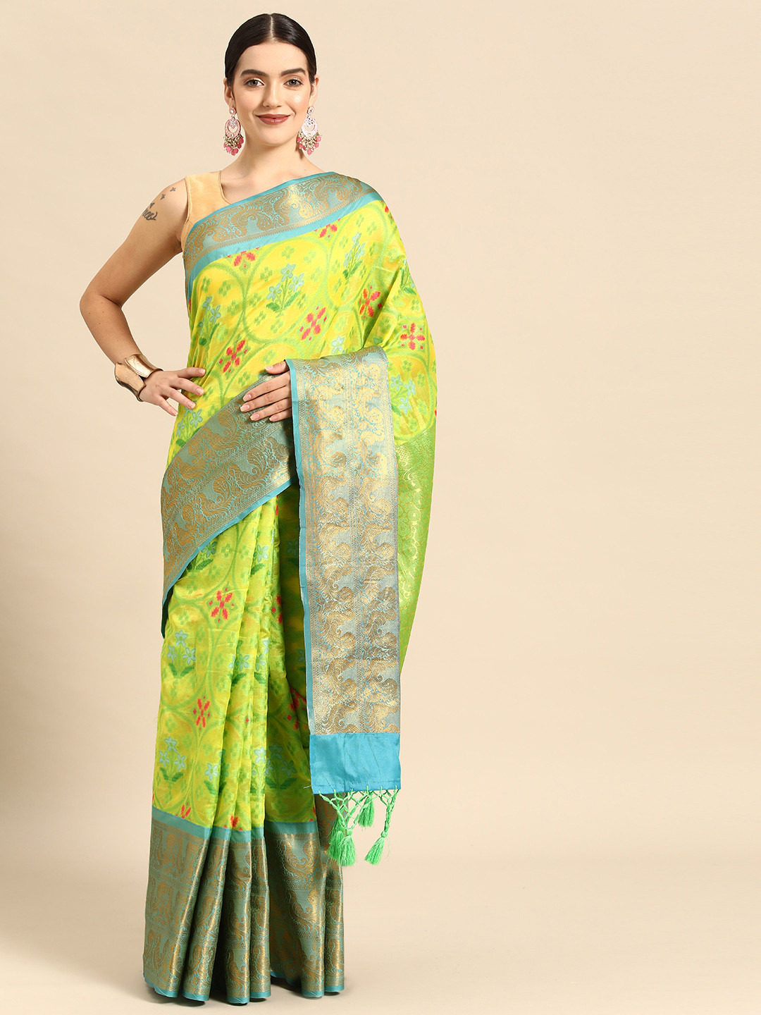 

Silk Land Floral Zari Art Silk Ikat Saree, Lime green
