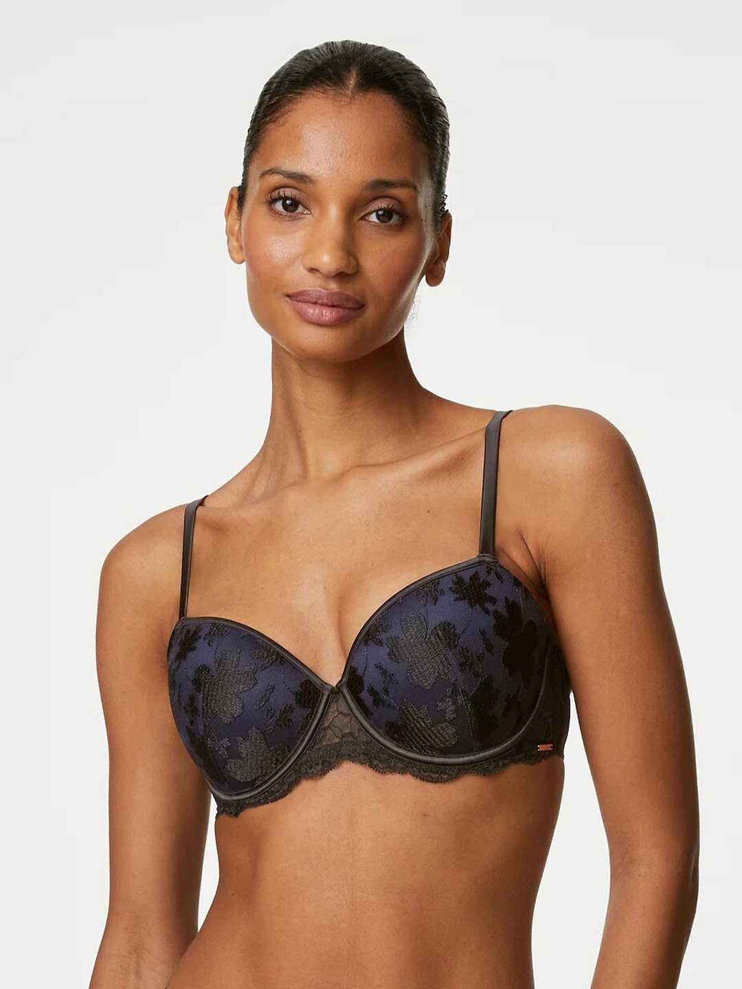 

Marks & Spencer Laced Underwired Lightly Padded Push-Up Bra With All Day Comfort, Navy blue