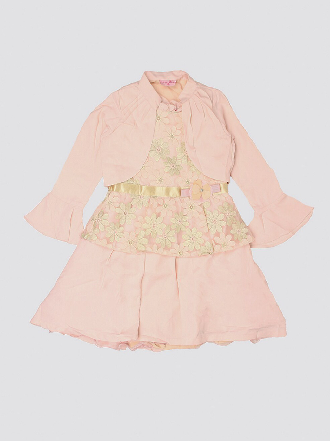 

mothercare Girls Floral Embroidered Bell Sleeve Applique Pleated A-Line Dress, Peach