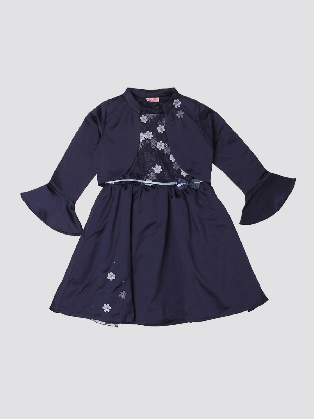 

mothercare Girls Floral Printed Bell Sleeves A-Line Dress, Navy blue