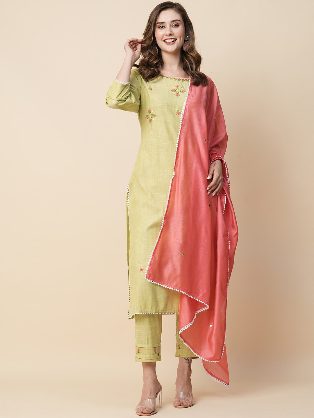 

KALINI Ethnic Motifs Beads & Stones Embroidered Straight Kurta With Trousers & Dupatta, Green