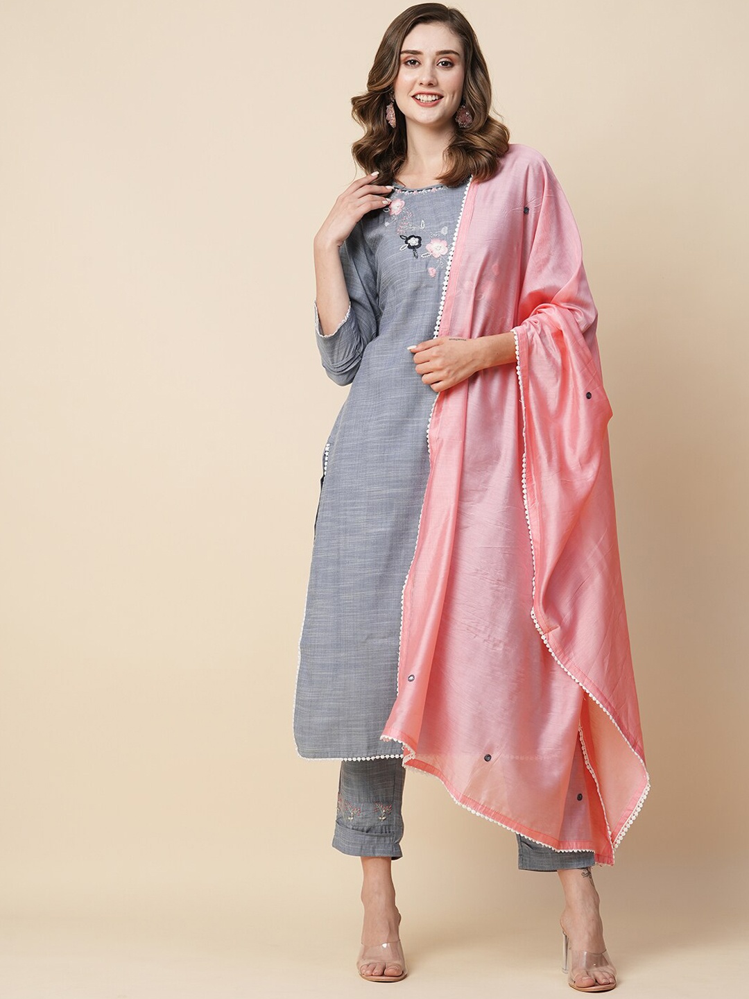 

KALINI Floral Embroidered Thread work Straight Kurta & Trousers With Dupatta, Grey