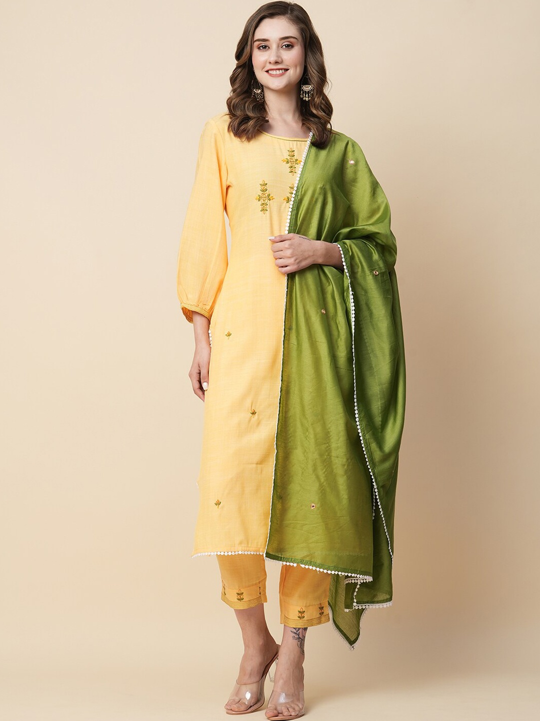 

KALINI Ethnic Motifs Embroidered Thread Work Straight Kurta & Trouser With Dupatta, Yellow