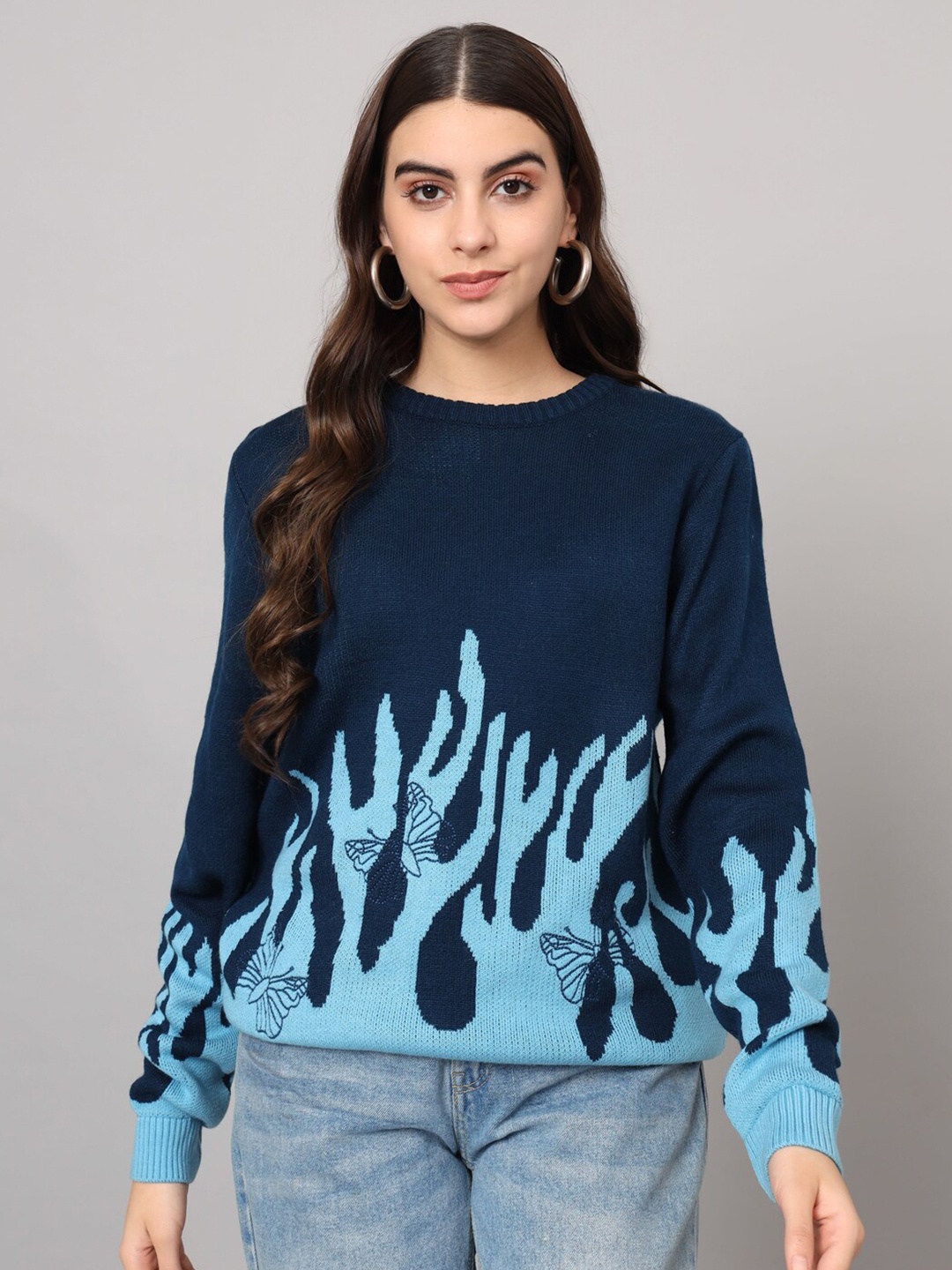 

The Dry State Fiery Butterfly Printed Acrylic Pullover Sweater, Navy blue