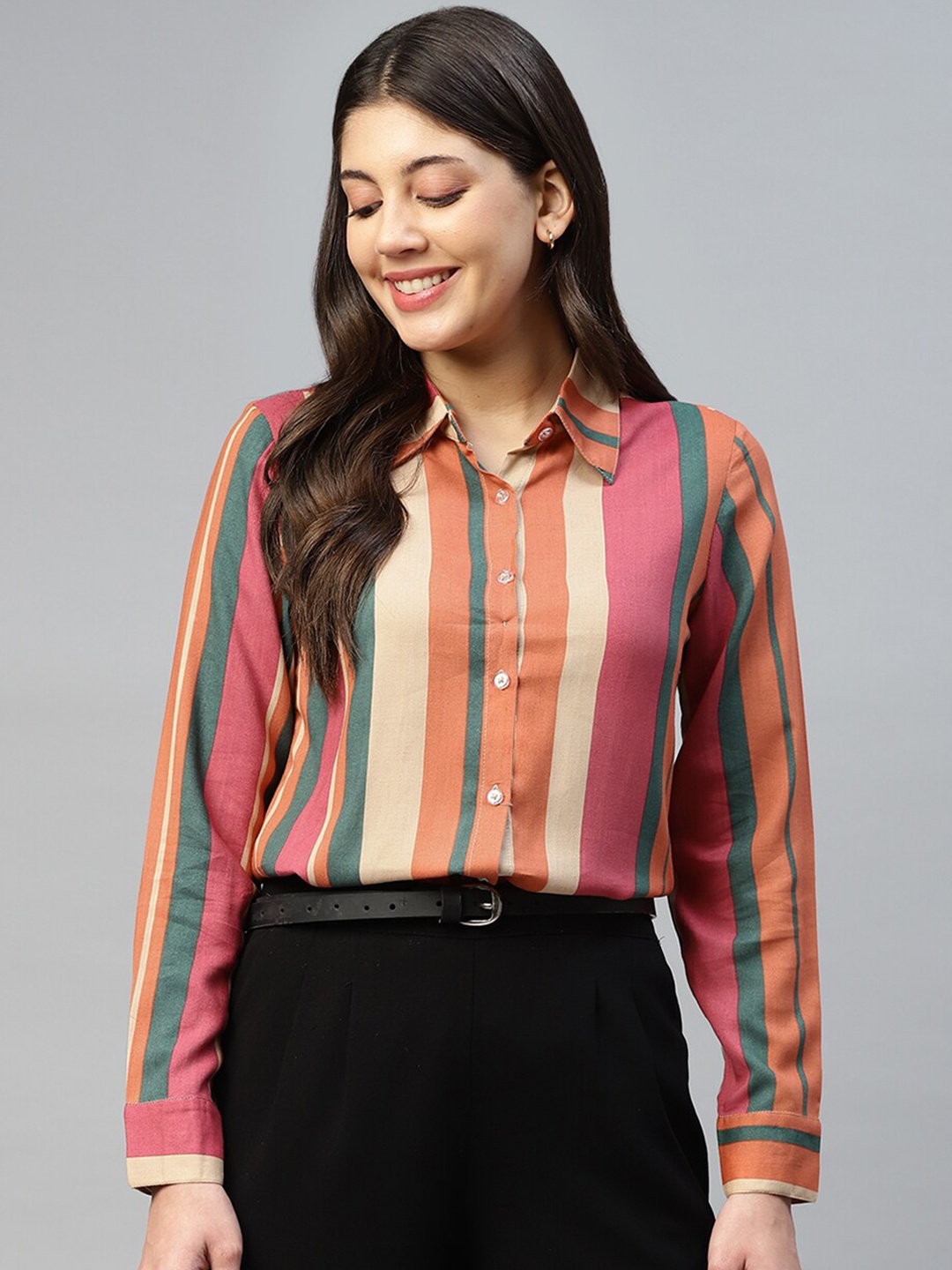 

DEEBACO Women Multi Striped Spread Collar Viscose Rayon Shirt, Pink