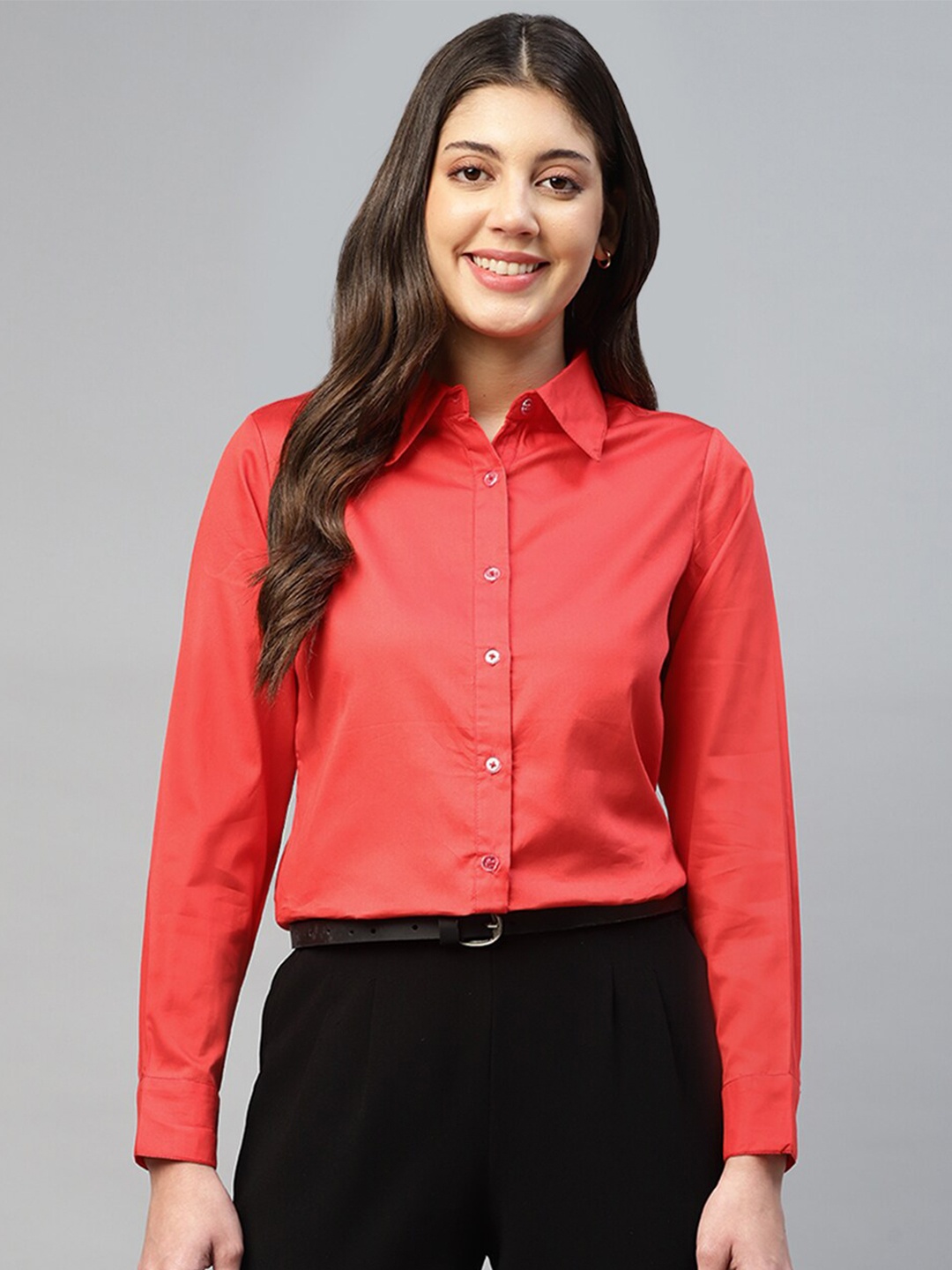 

DEEBACO Women Solid Spread Collar Viscose Rayon Shirt, Red