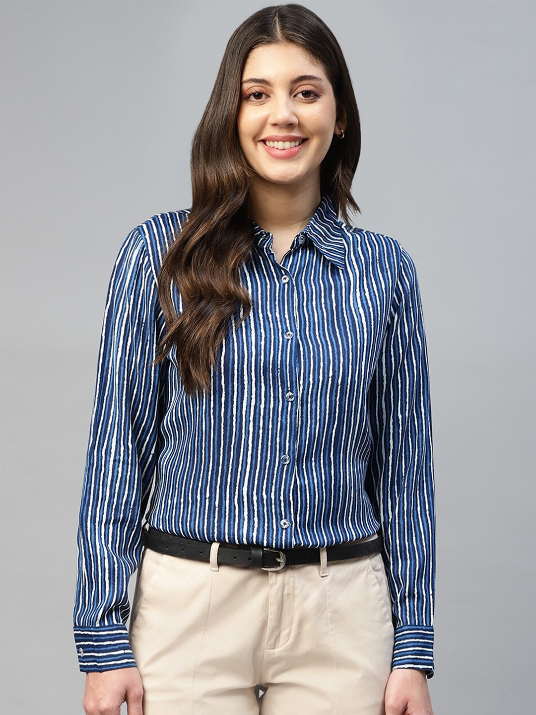 

DEEBACO Stripes Print Rayon Collared Neck Shirt, Blue