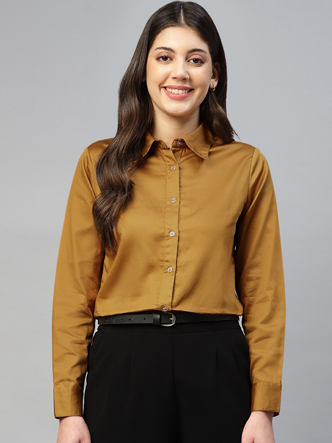 

DEEBACO Solid Rayon Collared Neck Shirt, Mustard