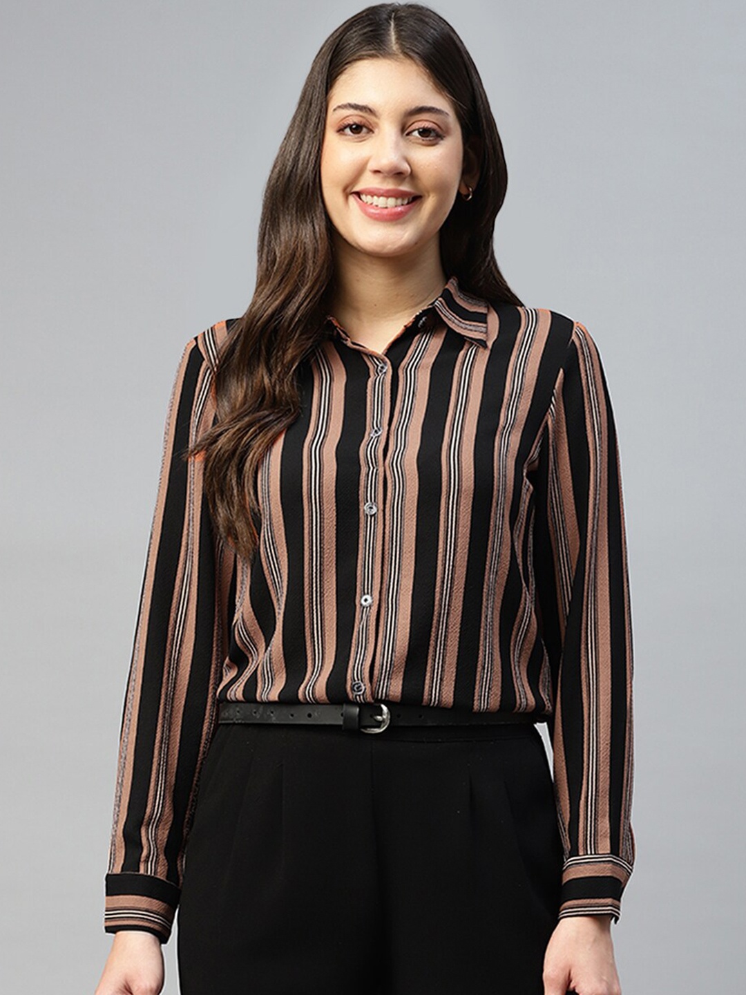 

DEEBACO Women Multi Stripes Shirt Collar Shirt, Black