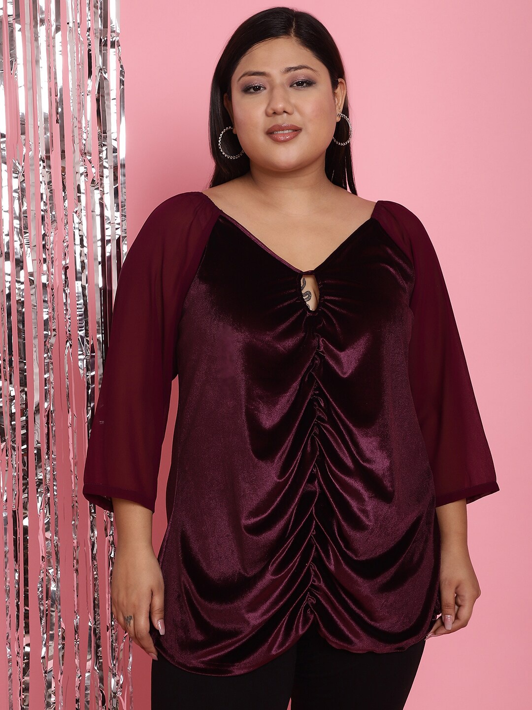 

theRebelinme Plus Size Keyhole Neck Gathered Raglan Sleeves Velvet Top, Burgundy