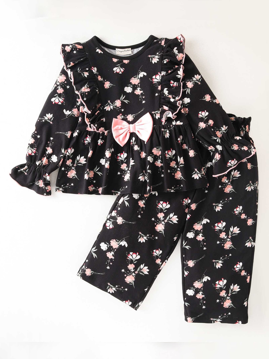 

CrayonFlakes Girls Printed Top with Palazzos, Black