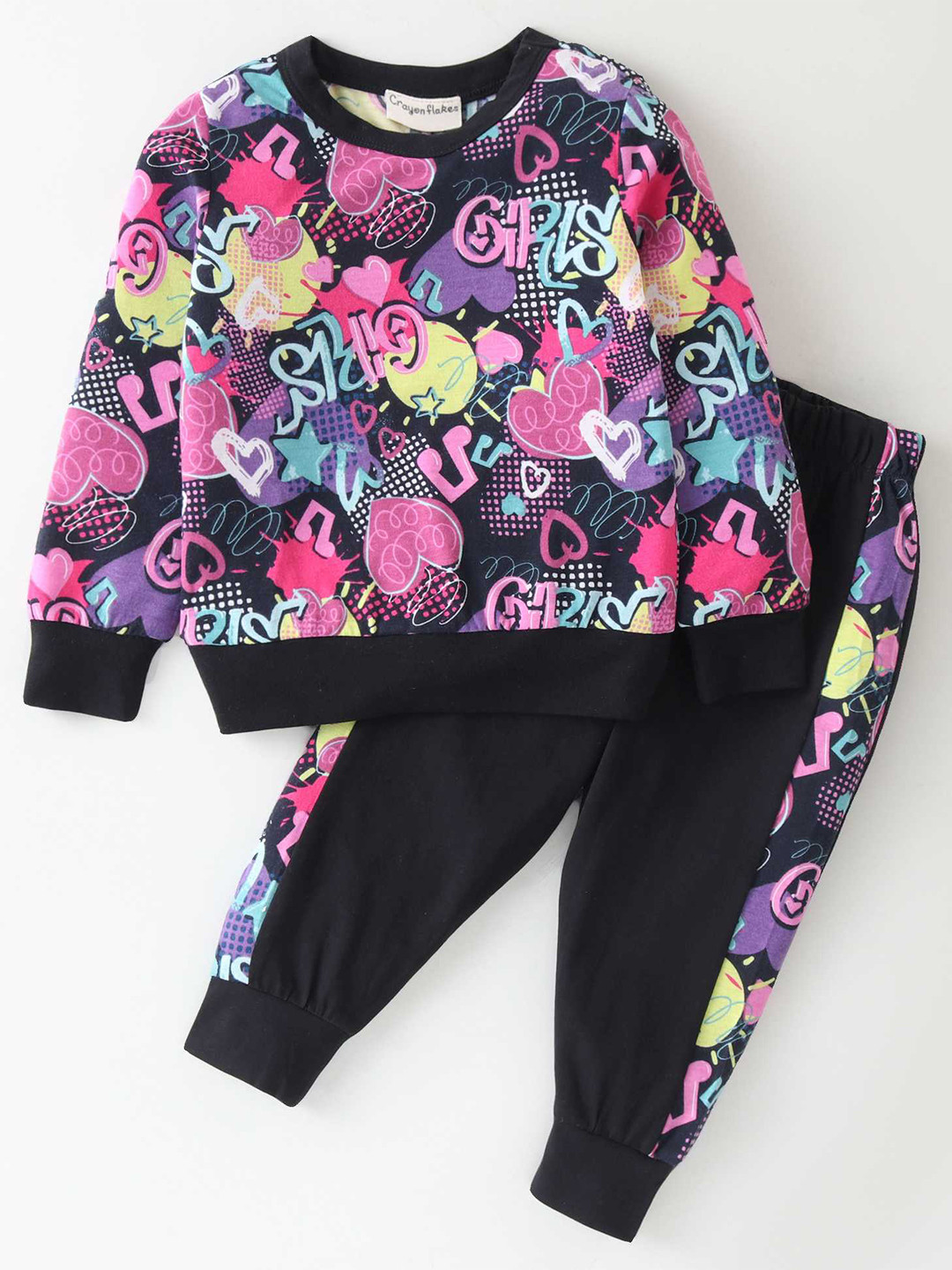 

CrayonFlakes Girls Typography Printed Sweatshirt With Jogger, Black