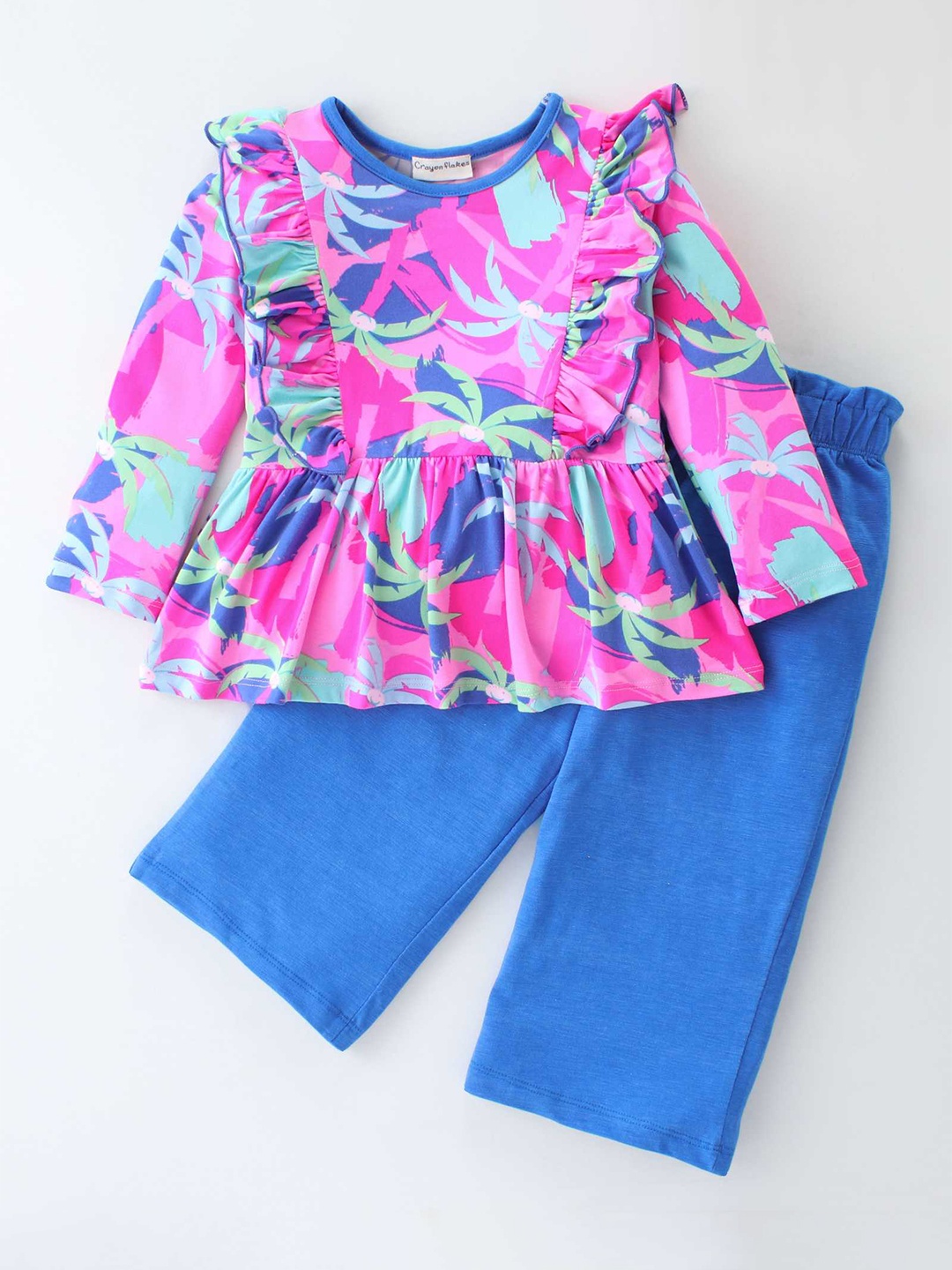

CrayonFlakes Girls Printed Ruffles Top with Palazzos, Pink