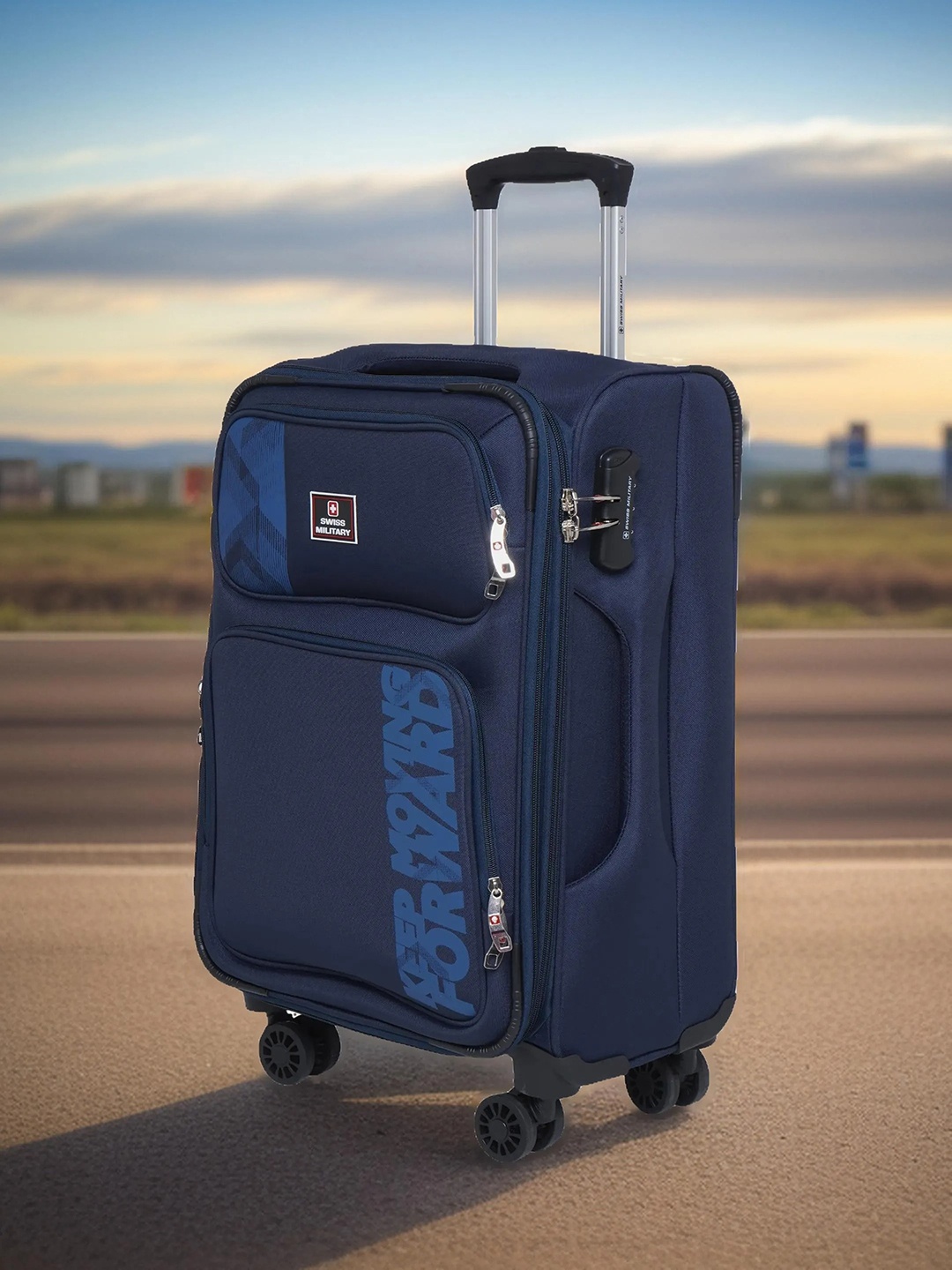 

SWISS MILITARY Printed Soft-Sided Cabin Trolley Suitcase, Navy blue